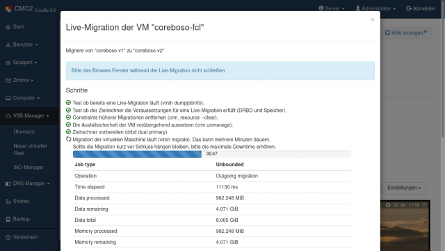 Screenshot Live-Migration im CoreBiz Cluster